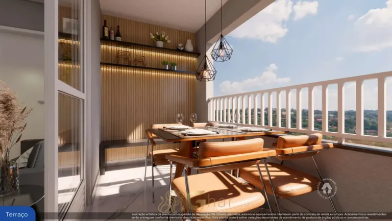 Terraço do apartamento de 2 dormitórios decorado do condomínio Metrocasa Liberdade no bairro da Liberdade, São Paulo