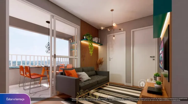 Terraço do apartamento de 2 dormitórios decorado do condomínio Metrocasa Praça da Árvore no bairro da Praça da Árvore, São Paulo