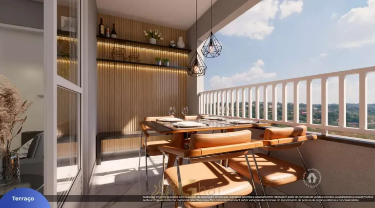 Vista do terraço do apartamento decorado em condomínio residencial no bairro da Liberdade, no Centro de São Paulo