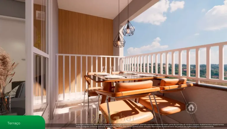 Terraço do apartamento decorado do condomínio Metrocasa Estação Vila Prudente no bairro da Vila Prudente, São Paulo
