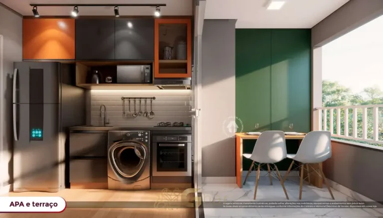 Terraço do apartamento decorado com office em condomínio residencial no bairro da Vila Guilhermina, na Zona Leste de São Paulo