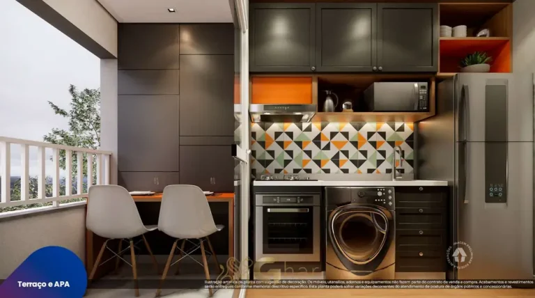 Terraço do apartamento decorado do condomínio Metrocasa São Miguel Paulista no bairro de São Miguel Paulista, São Paulo