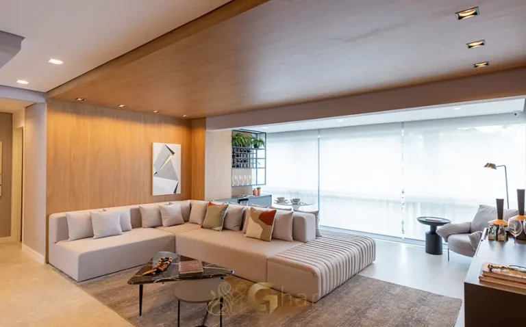 Varanda gourmet do apartamento decorado de 87 m² do condomínio Monumento SP - 2ª Fase no bairro do Morumbi, São Paulo