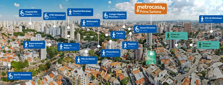 Vista aérea com mapa de localização no bairro em condomínio residencial no bairro do Mandaqui, na Zona Norte de São Paulo