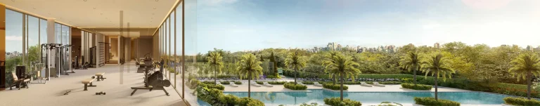 Academia com vista para a piscina em apartamentos no bairro de Moema, São Paulo