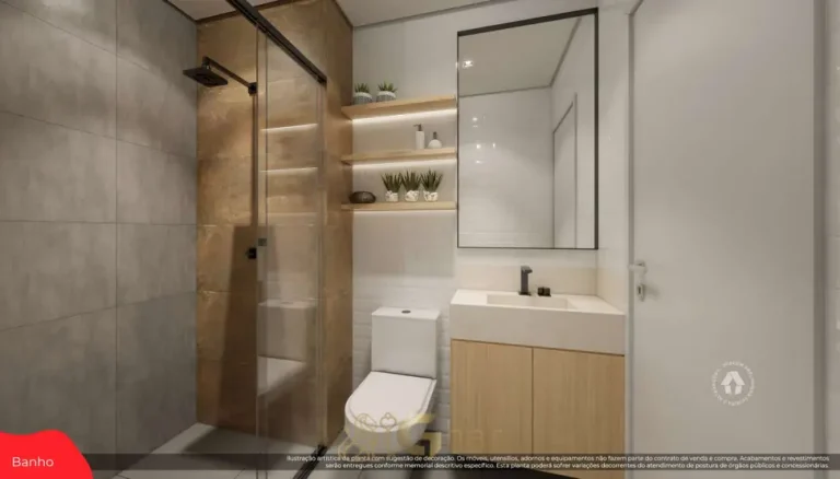 Banheiro do apartamento decorado de 1 dormitório do condomínio Metrocasa Artur Alvim no bairro de Artur Alvim, São Paulo