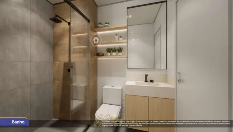 Banheiro do apartamento decorado de 1 dormitório do condomínio Metrocasa Cambuci no bairro do Cambuci, São Paulo