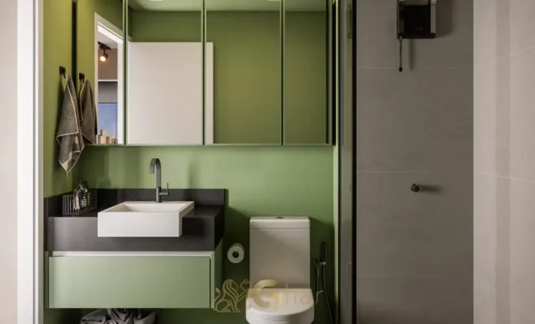 Banheiro do apartamento decorado com porcelanato de grandes medidas em condomínio residencial no bairro da Vila Olímpia, na Zona Sul de São Paulo