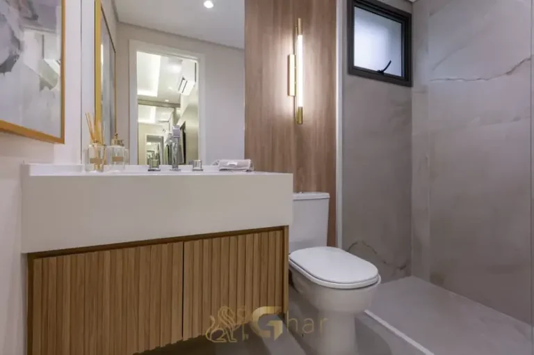 Banheiro da suíte master do apartamento decorado em apartamentos no bairro de Moema, São Paulo