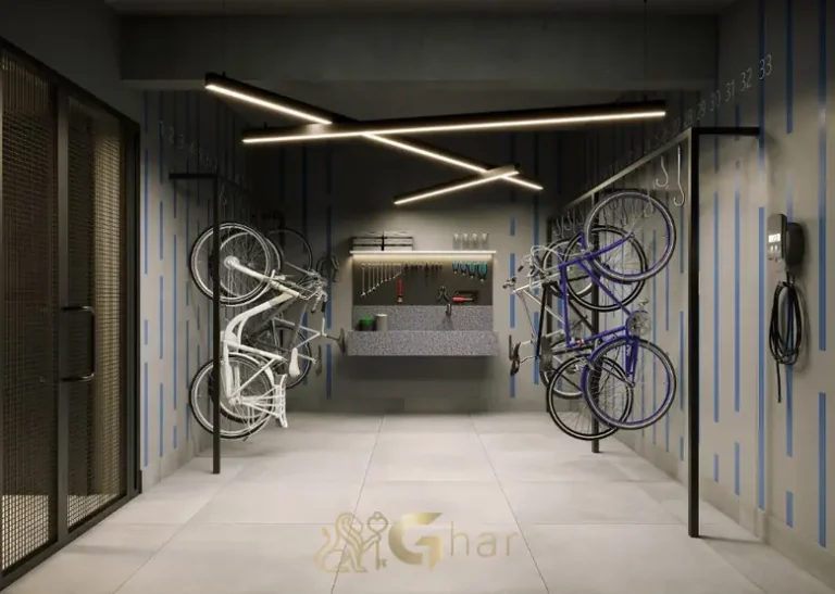 Bicicletário coberto em apartamentos no bairro de Moema, São Paulo