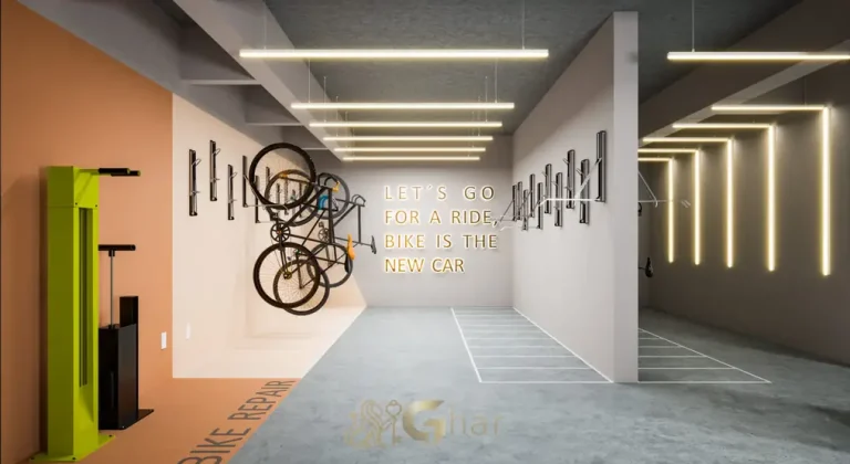 Bicicletário coberto em apartamentos no bairro da Vila Olímpia, São Paulo