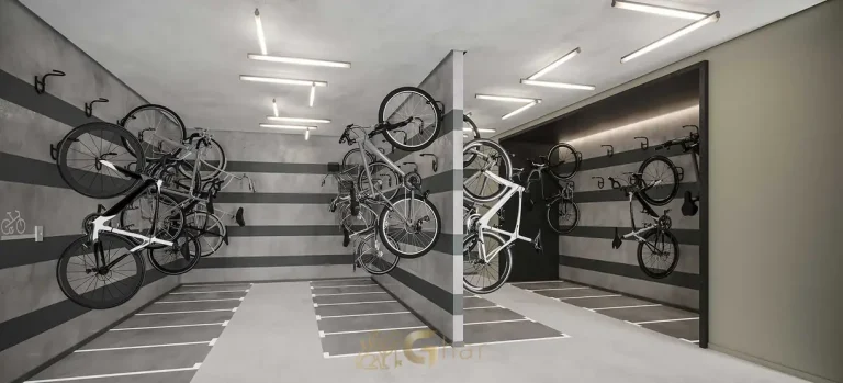 Bicicletário em apartamentos no bairro de Moema, São Paulo