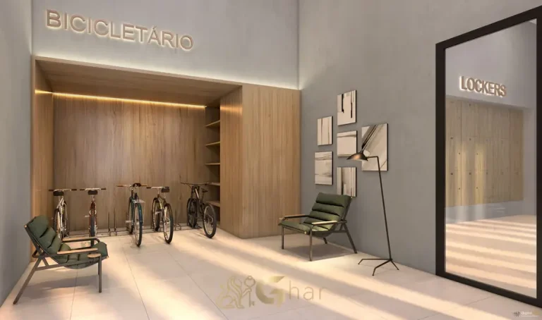 Bicicletário do setor de studios em condomínio residencial no bairro do Ibirapuera, na Zona Sul de São Paulo