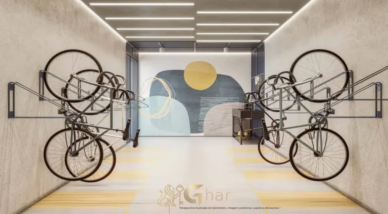 Bicicletário do condomínio em apartamentos no bairro de Moema, São Paulo