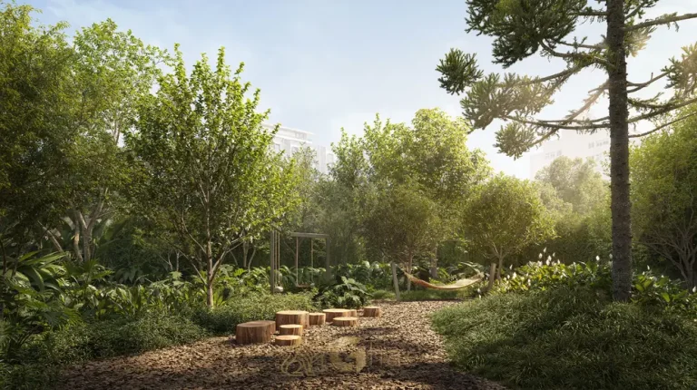 Bosque privativo com paisagismo nativo em condomínio residencial no bairro de Moema, na Zona Sul de São Paulo