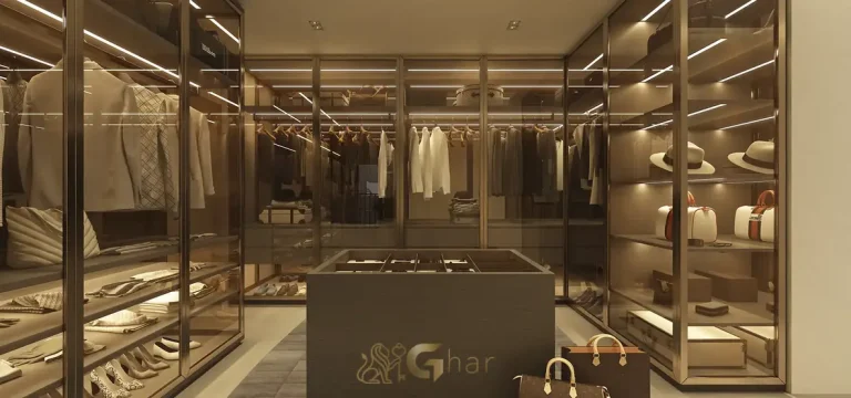Closet planejado da suíte master em apartamentos no bairro de Moema, São Paulo