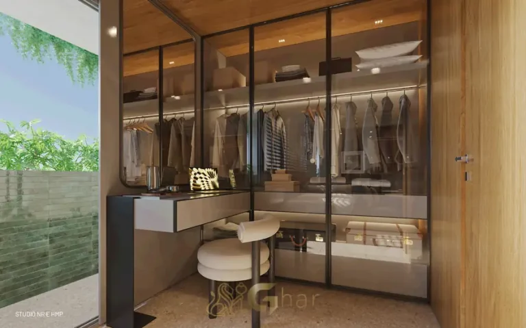 Closet do studio decorado do condomínio Pintassilgo 336 no bairro de Moema, São Paulo