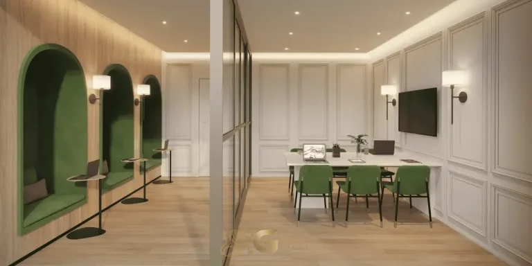 Coworking com estações individuais em condomínio residencial no bairro de Moema, na Zona Sul de São Paulo