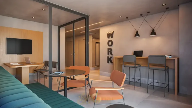Espaço de coworking em condomínio residencial no bairro de Moema, na Zona Sul de São Paulo
