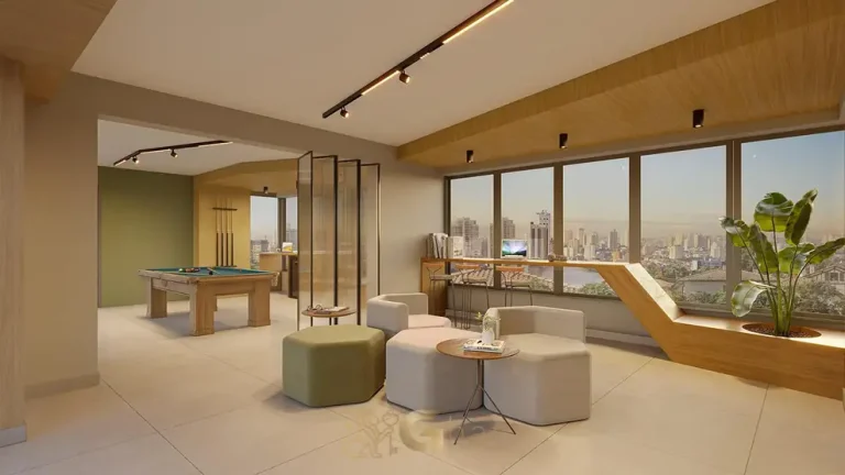 Coworking com estações individuais em condomínio residencial no bairro de Moema, na Zona Sul de São Paulo