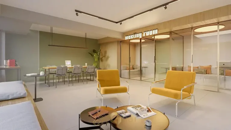 Espaço de coworking integrado do condomínio Nex One Jurupis no bairro de Moema, São Paulo