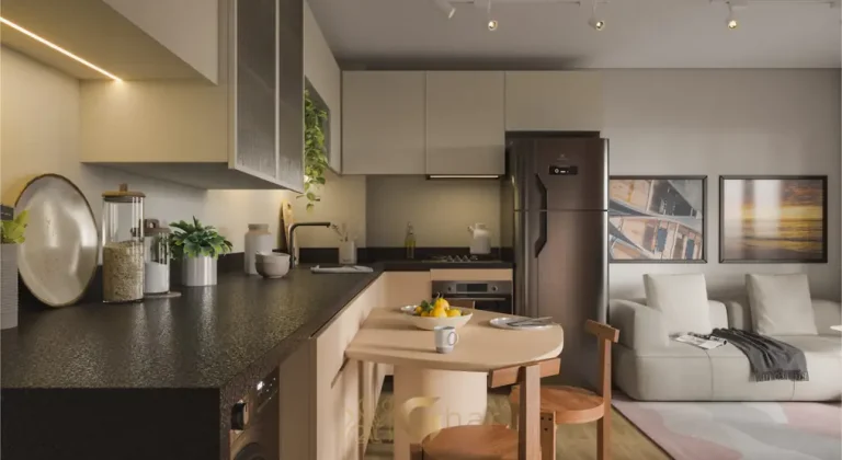 Cozinha aberta do apartamento decorado do condomínio Maison no bairro da Vila Olímpia, São Paulo