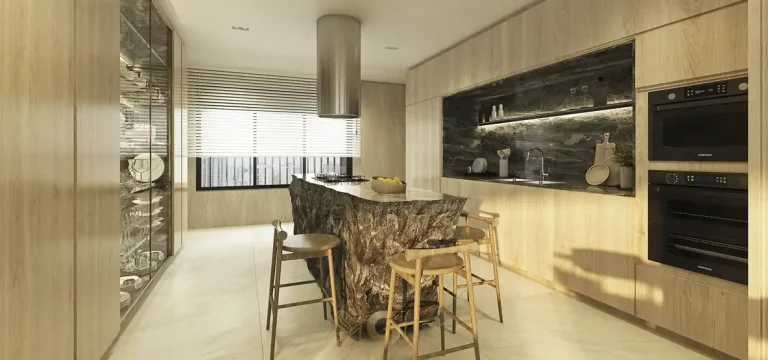 Cozinha planejada decorada em condomínio residencial no bairro de Moema, na Zona Sul de São Paulo