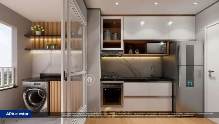 Cozinha do apartamento de 2 dormitórios decorado do condomínio Metrocasa Cupecê no bairro do Jardim Jabaquara, São Paulo
