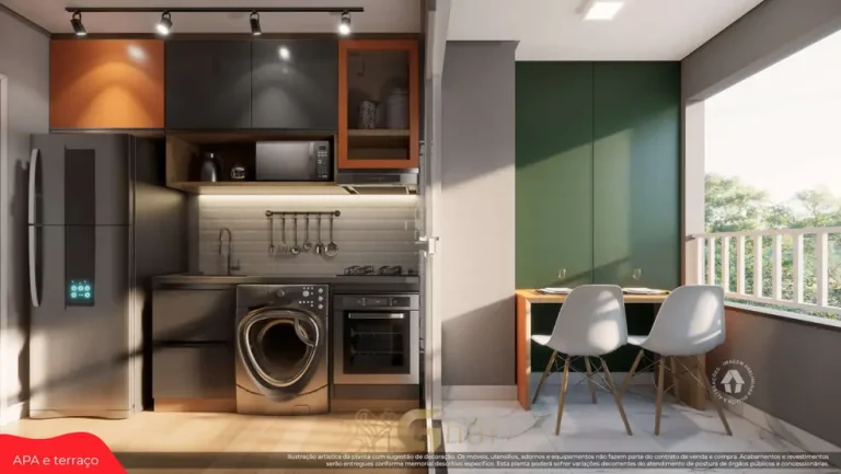 Cozinha do apartamento decorado de 1 dormitório em condomínio residencial no bairro de Artur Alvim, na Zona Leste de São Paulo