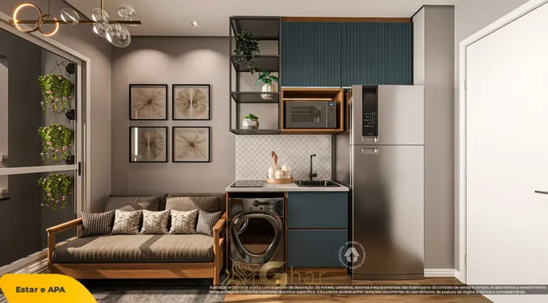 Cozinha do apartamento decorado de 1 dormitório em condomínio residencial no bairro do Butantã, na Zona Oeste de São Paulo