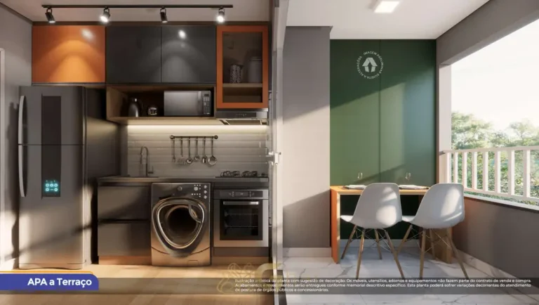 Cozinha do apartamento decorado de 1 dormitório em condomínio residencial no bairro do Cambuci, no Centro de São Paulo