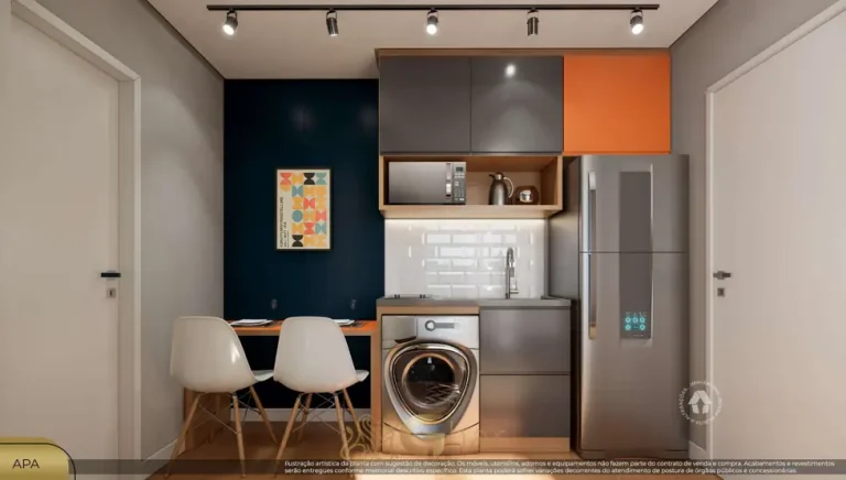 Cozinha do apartamento decorado em condomínio residencial no bairro da Lapa, na Zona Oeste de São Paulo