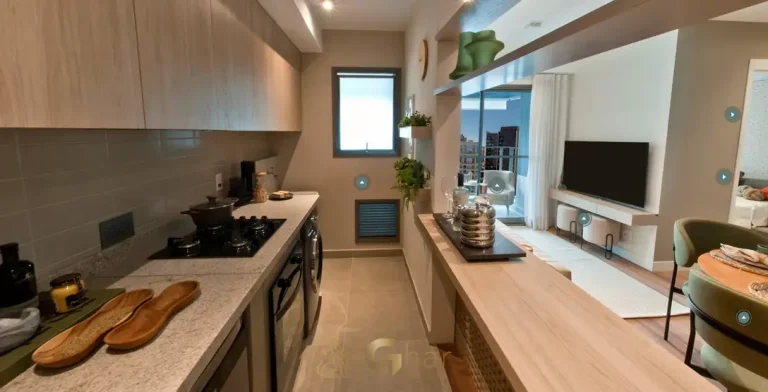 Cozinha com área de serviço do apartamento decorado do condomínio MOA | 292 no bairro de Moema, São Paulo