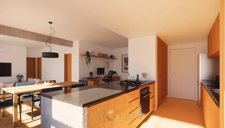 Cozinha integrada do apartamento decorado do condomínio Edifício Corina no bairro da Vila Olímpia, São Paulo