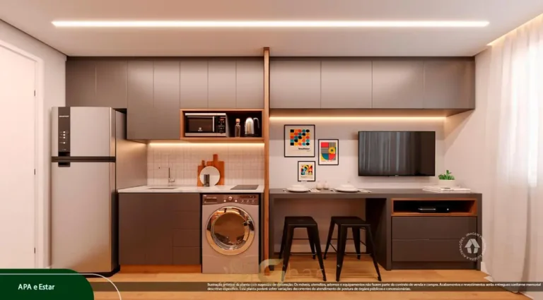 Cozinha do studio decorado em condomínio residencial no bairro do Alto do Ipiranga, na Zona Sul de São Paulo