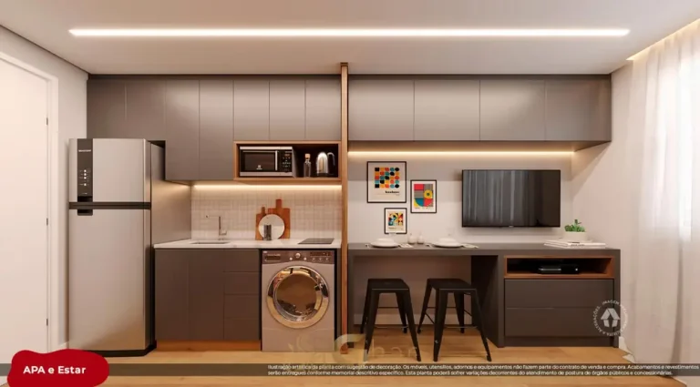 Cozinha do studio decorado em apartamentos no bairro de Itaquera, São Paulo