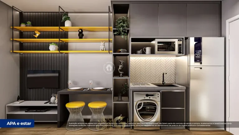 Cozinha do studio decorado em apartamentos no bairro do Jardim Jabaquara, São Paulo
