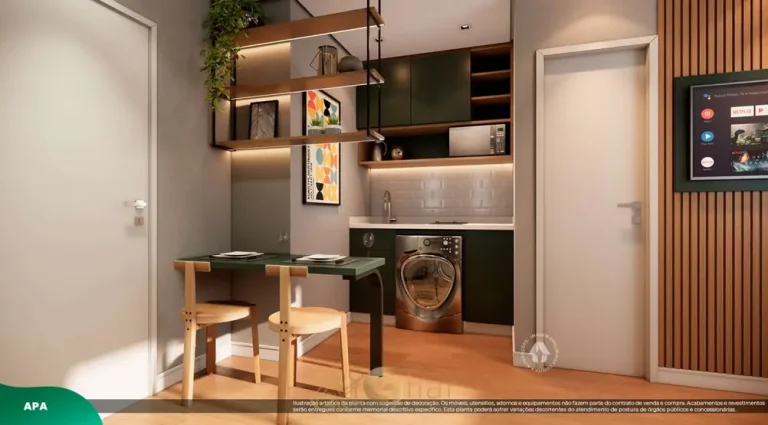 Cozinha do studio decorado do condomínio Metrocasa Estação Giovanni Gronchi no bairro da Vila das Belezas, São Paulo