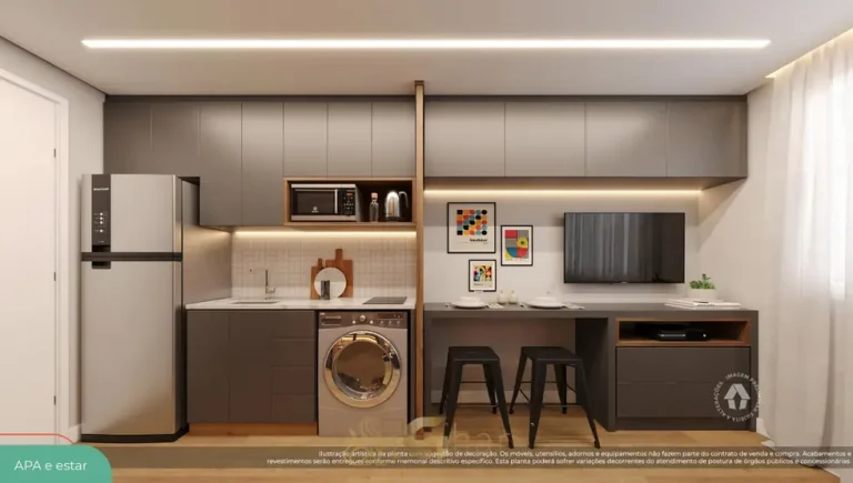 Cozinha do studio decorado em apartamentos no bairro da Freguesia do Ó, São Paulo