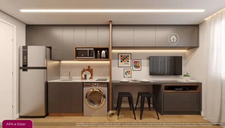 Cozinha do studio decorado em apartamentos no bairro de Pirituba, São Paulo