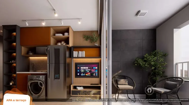 Cozinha com terraço do studio decorado em apartamentos no bairro do Butantã, São Paulo