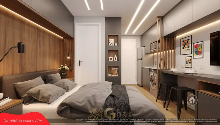 Dormitório do studio decorado em apartamentos no bairro de Artur Alvim, São Paulo