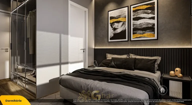 Outro ângulo do dormitório do studio decorado em condomínio residencial no bairro do Butantã, na Zona Oeste de São Paulo