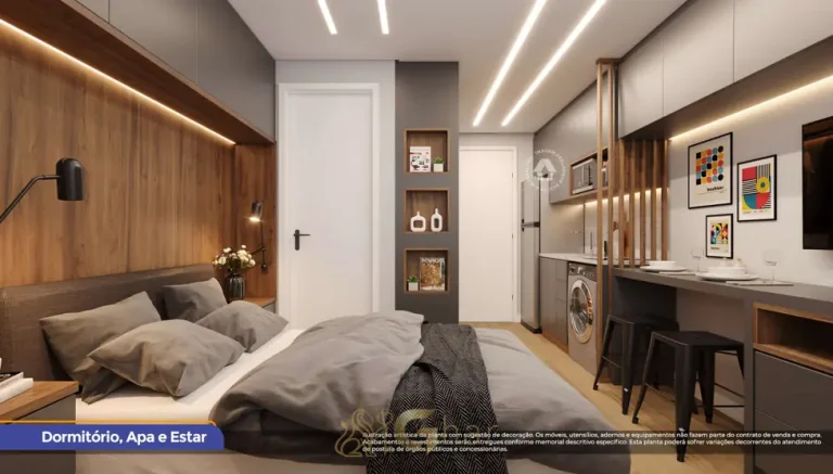 Dormitório do studio decorado em apartamentos no bairro do Cambuci, São Paulo