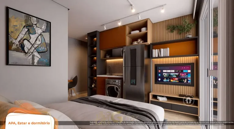 Dormitório do studio decorado em condomínio residencial no bairro do Butantã, na Zona Oeste de São Paulo