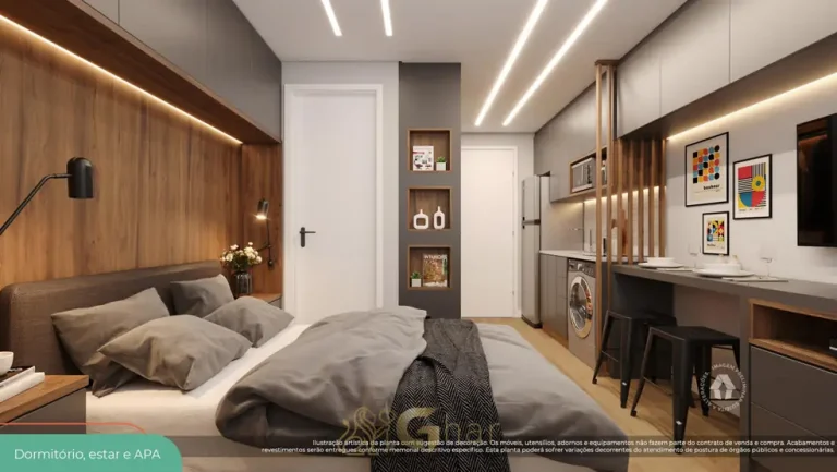 Dormitório do studio decorado em condomínio residencial no bairro da Freguesia do Ó, na Zona Norte de São Paulo