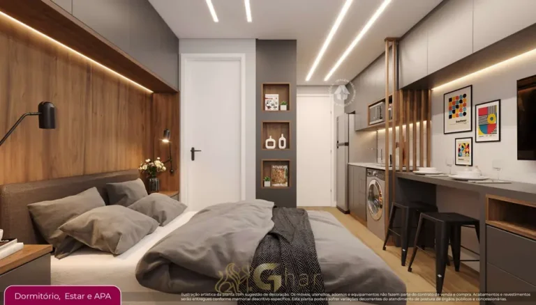 Ambiente integrado de dormir do studio decorado em condomínio residencial no bairro de Pirituba, na Zona Norte de São Paulo