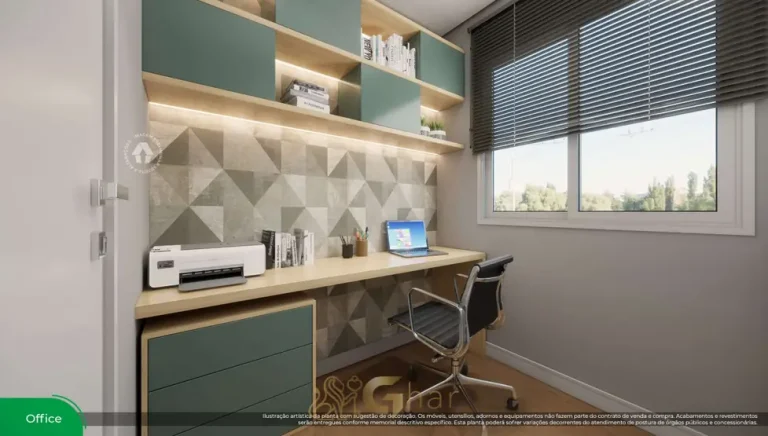 Espaço de escritório do apartamento decorado em condomínio residencial no bairro do Sacomã, na Zona Sul de São Paulo