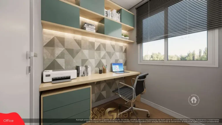 Escritório integrado do apartamento decorado em condomínio residencial no bairro de Artur Alvim, na Zona Leste de São Paulo
