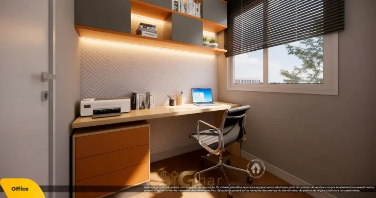 Escritório integrado do apartamento decorado do condomínio Metrocasa Butantã no bairro do Butantã, São Paulo